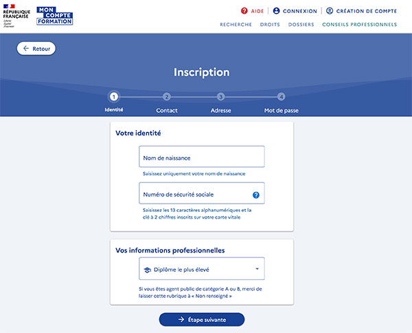 Inscription : renseignez votre identité