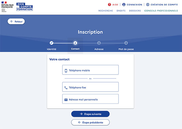 Inscription : Renseignez vos informations de contact