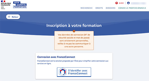Rechercher une formation : se connecter avec France connect